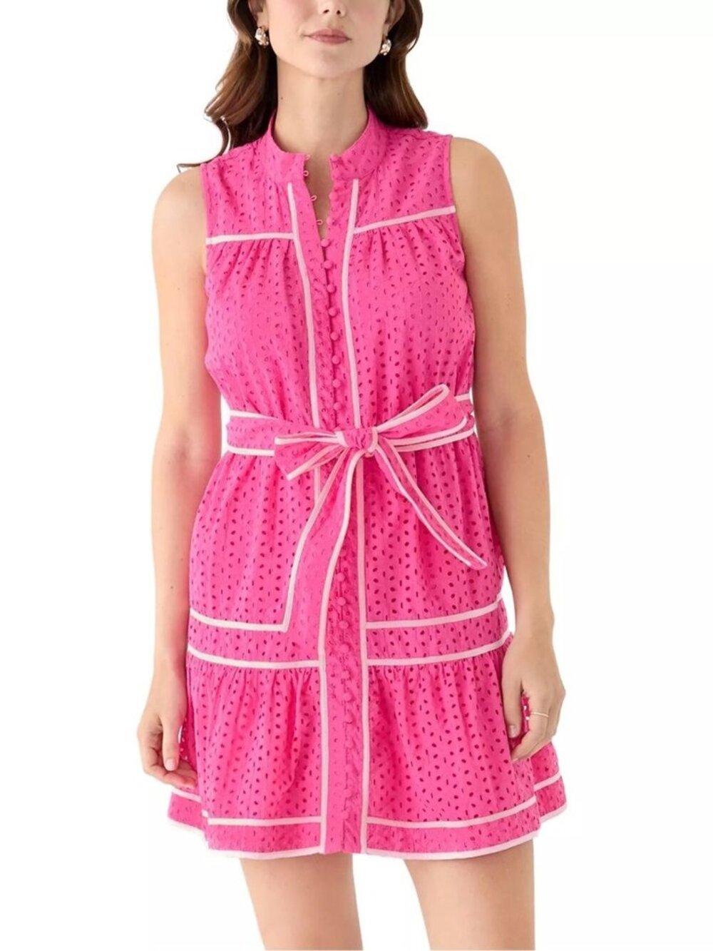 NWT Crown & Ivy Pink Pop Eyelet Dress sz XL Tiered Belted Cotton Pockets